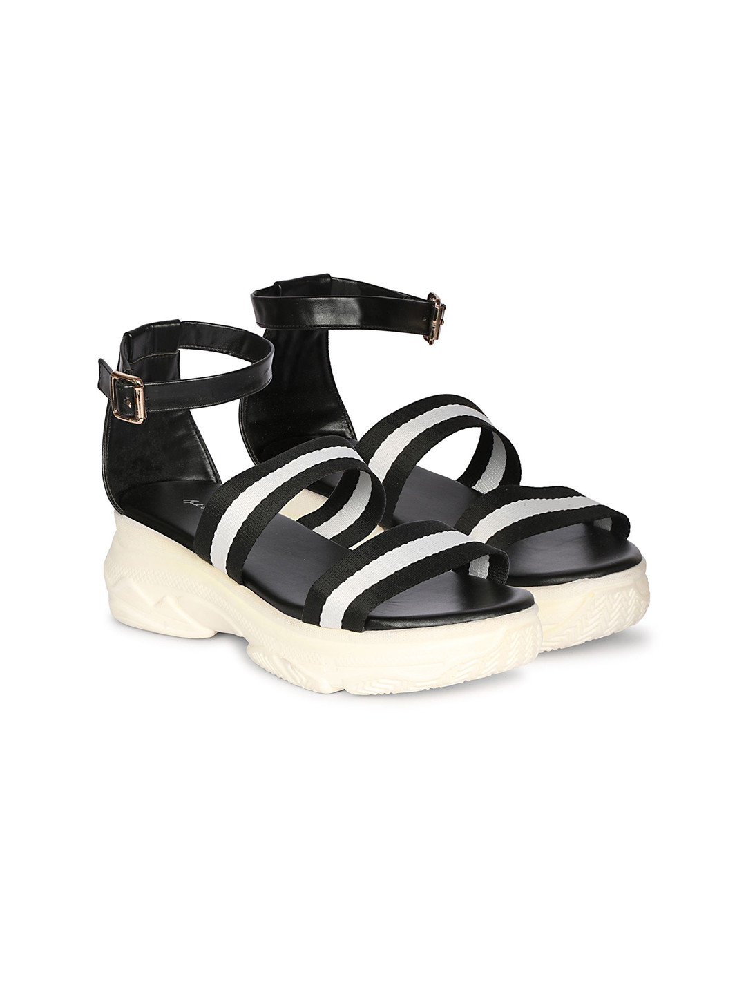 

Mast & Harbour Women Striped Block Sandals, Black
