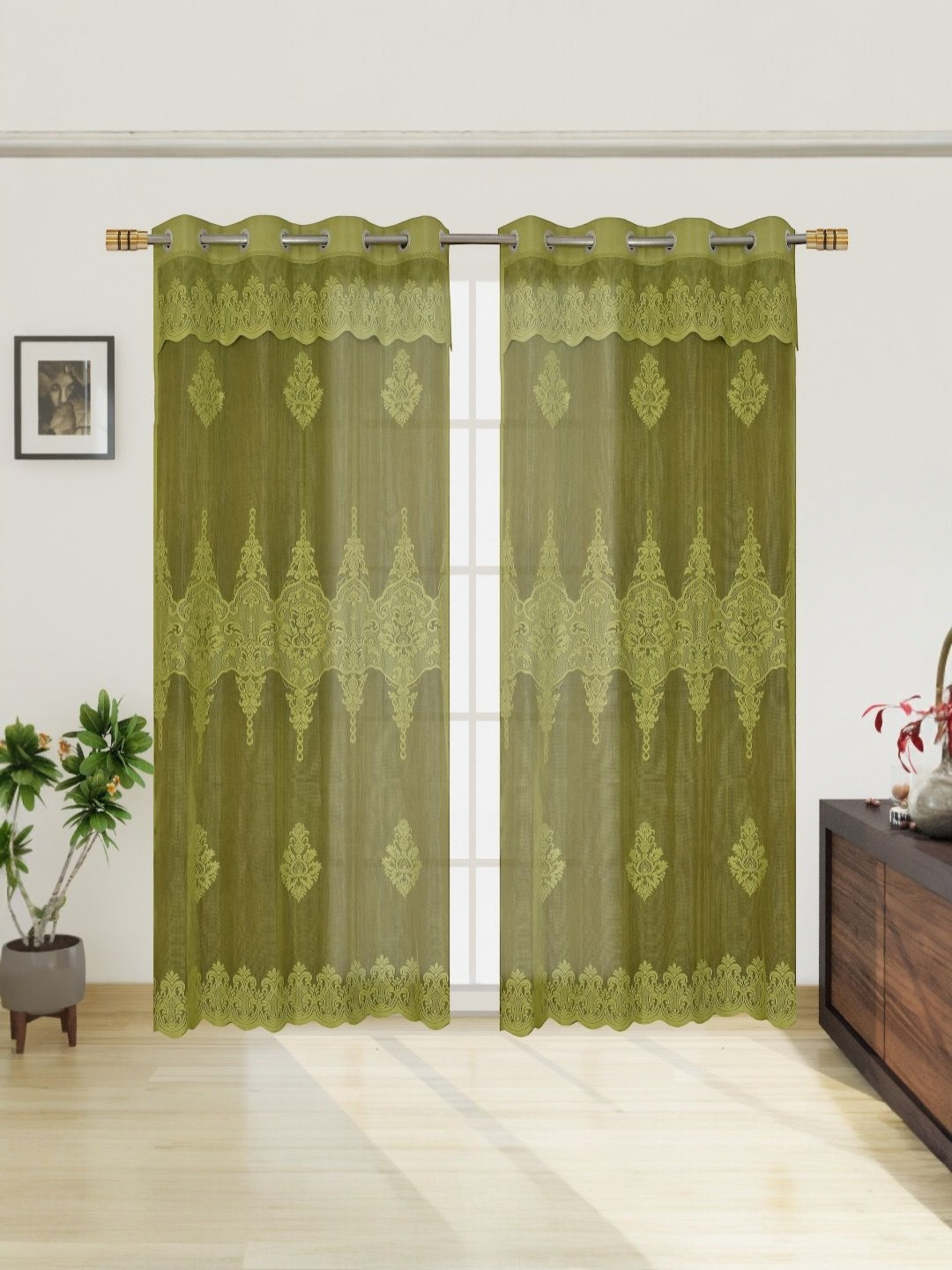 

BIGGER FISH Green Set of 2 Floral Sheer Door Curtain