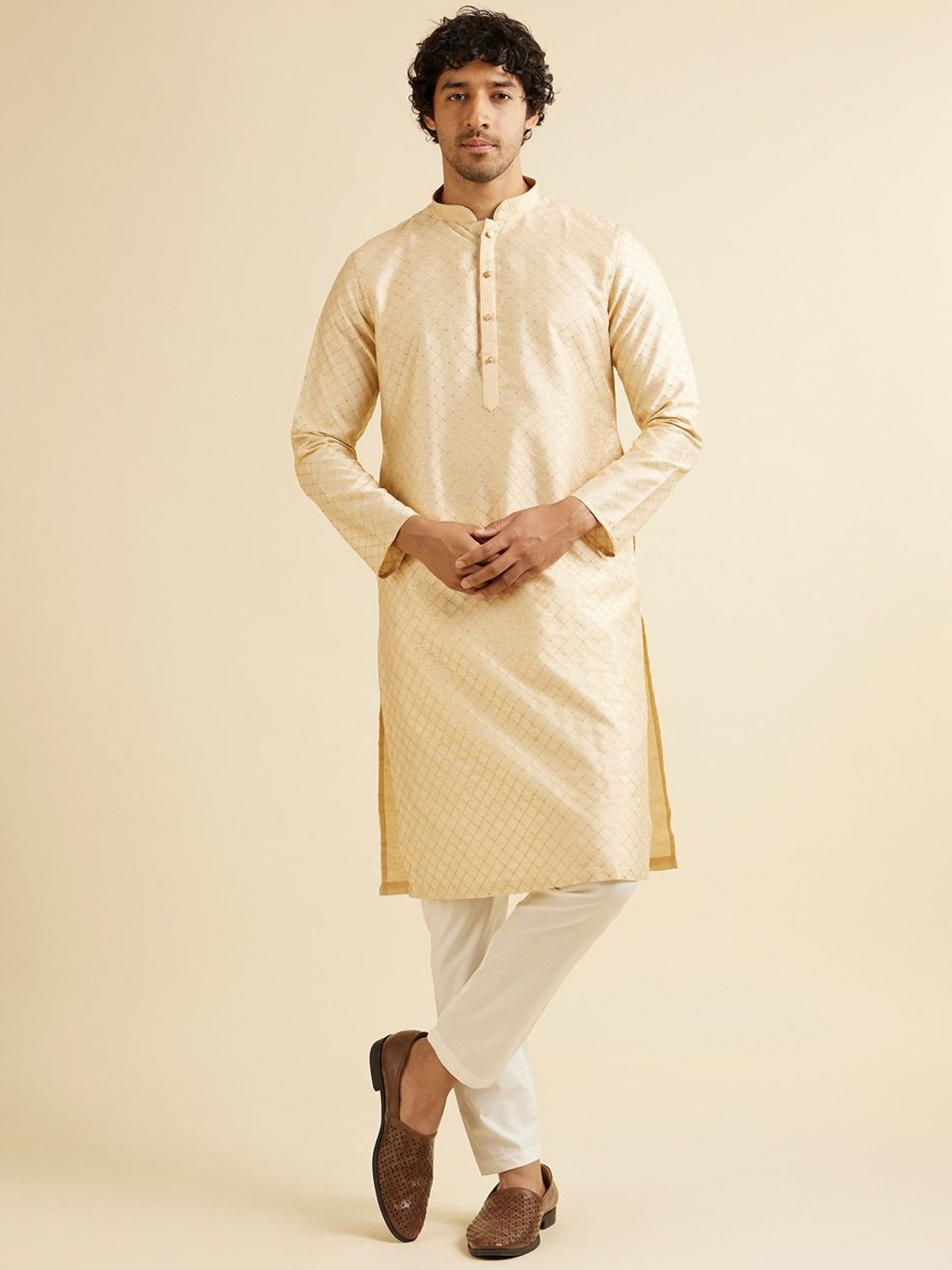 

Manyavar Men Embroidered Regular Sequinned Kurta with Pyjamas, Beige