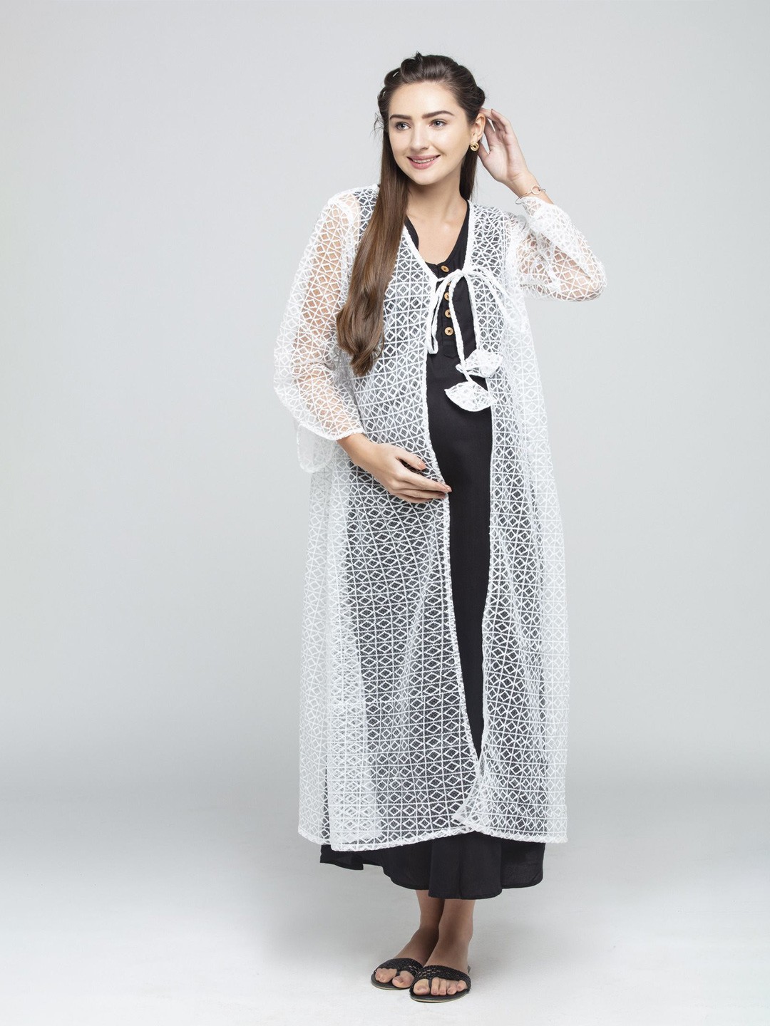 

CHARISMOMIC Women Maternity Longline Tie-Up Shrug, White