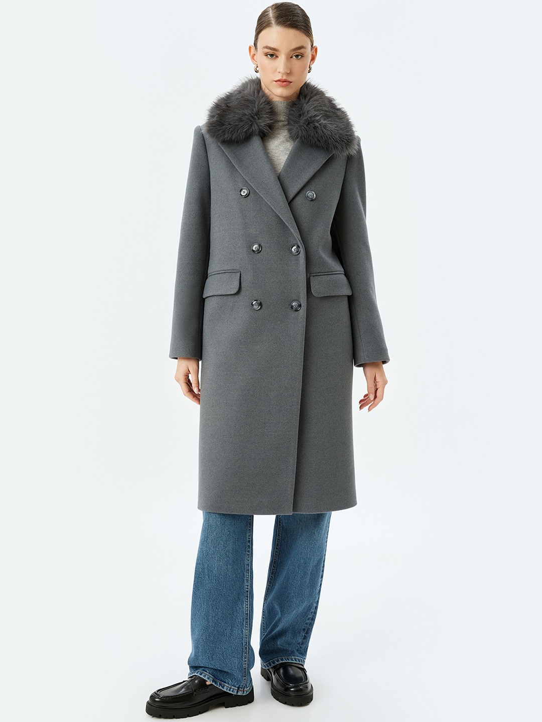 

Koton Women Double-Breasted Overcoat, Grey