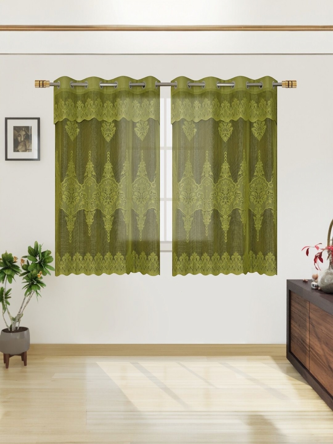 

BIGGER FISH Green Set of 2 Floral Sheer Window Curtain