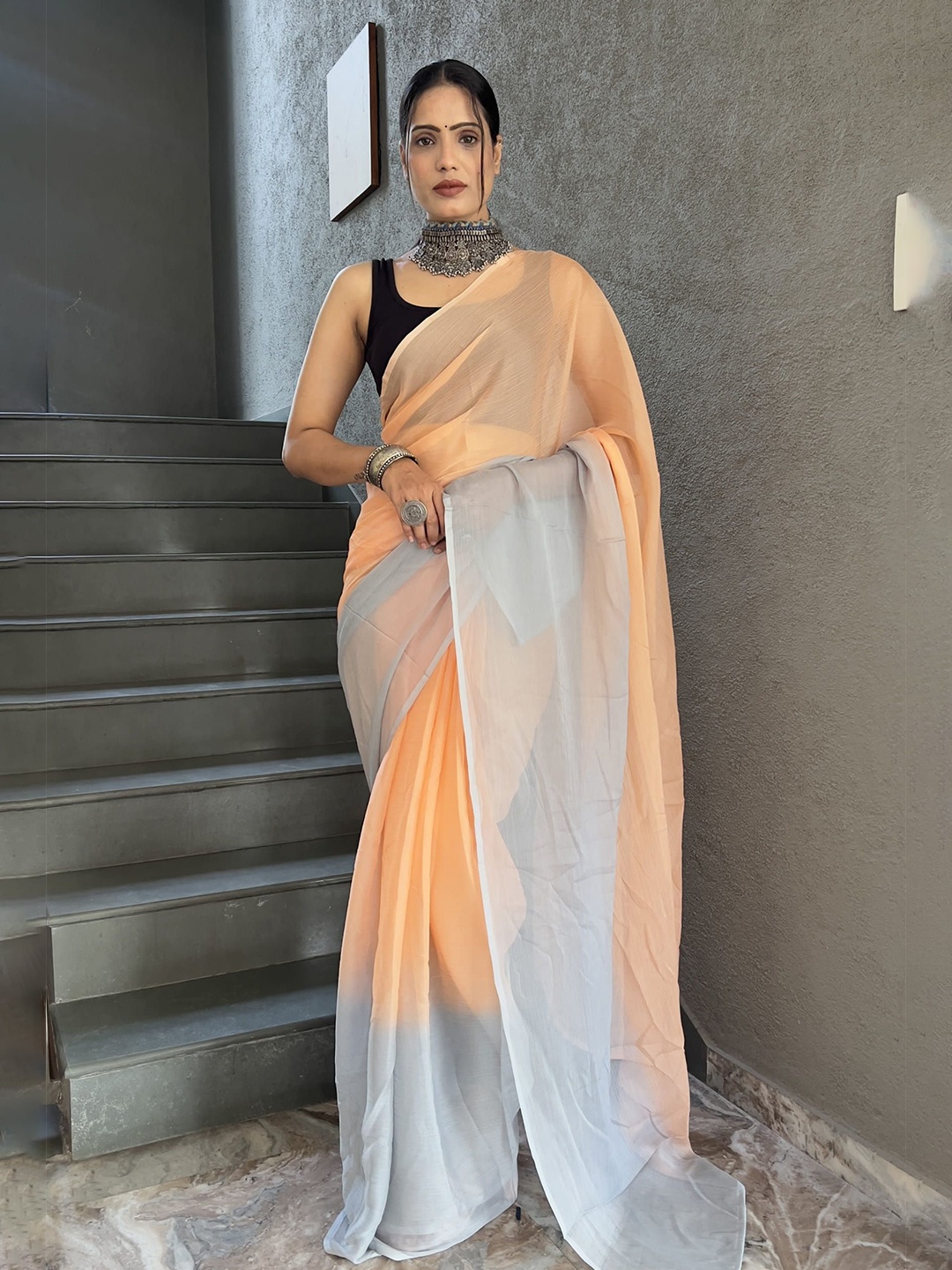 

KALINI Ombre Pure Chiffon Ready to Wear Saree, Orange