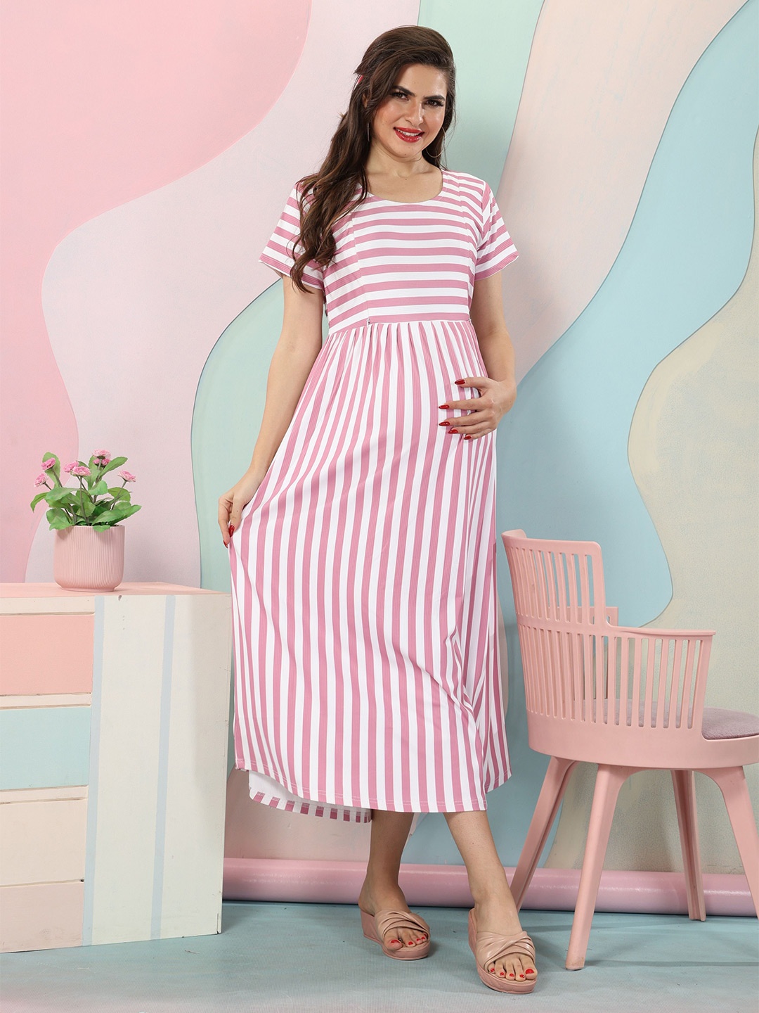 

EASY MOM Women Striped Maternity Fit & Flare Maxi Dress, Peach