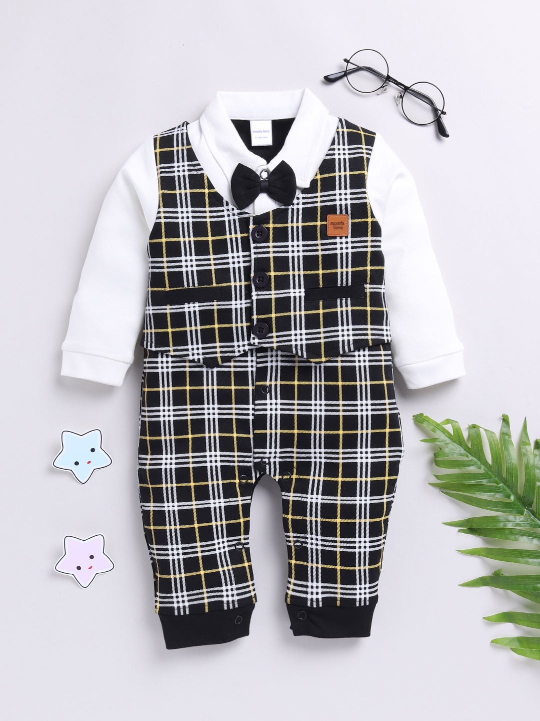 

Moms Love Infant Boys Checked Pure Cotton Party Romper, Black