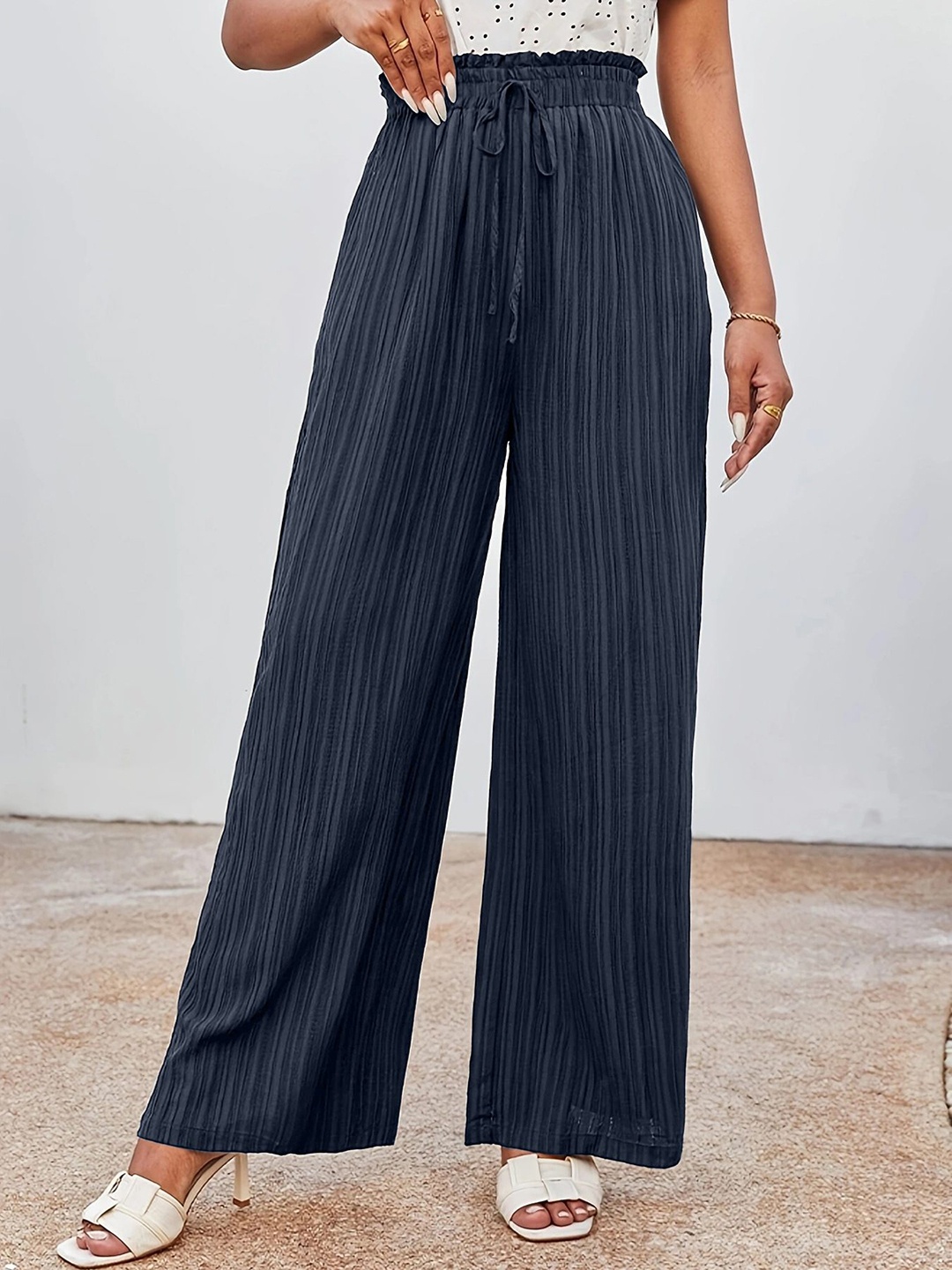 

StyleCast Women Textured Loose Fit Trousers, Grey