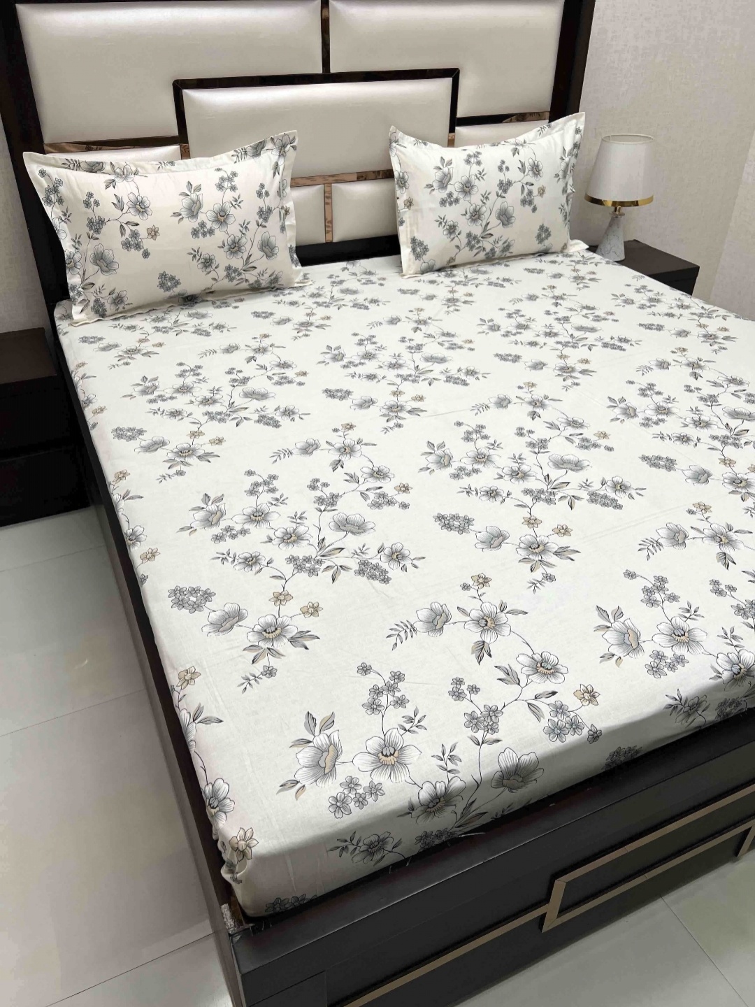 

Pure Decor White & Grey Floral 250 TC Queen Bedsheet with 2 Pillow Covers