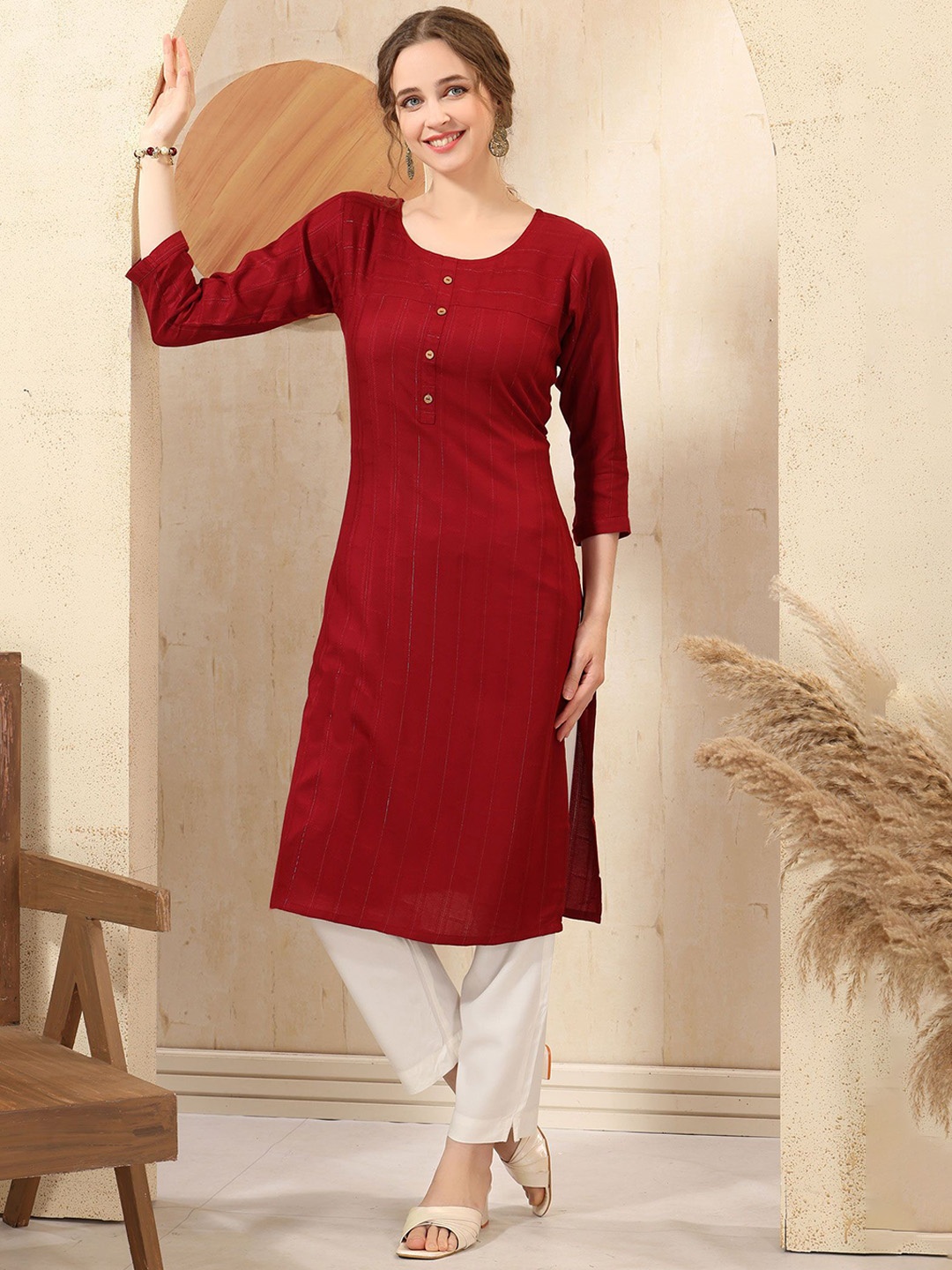 

keshubaba Striped Straight Kurta, Maroon