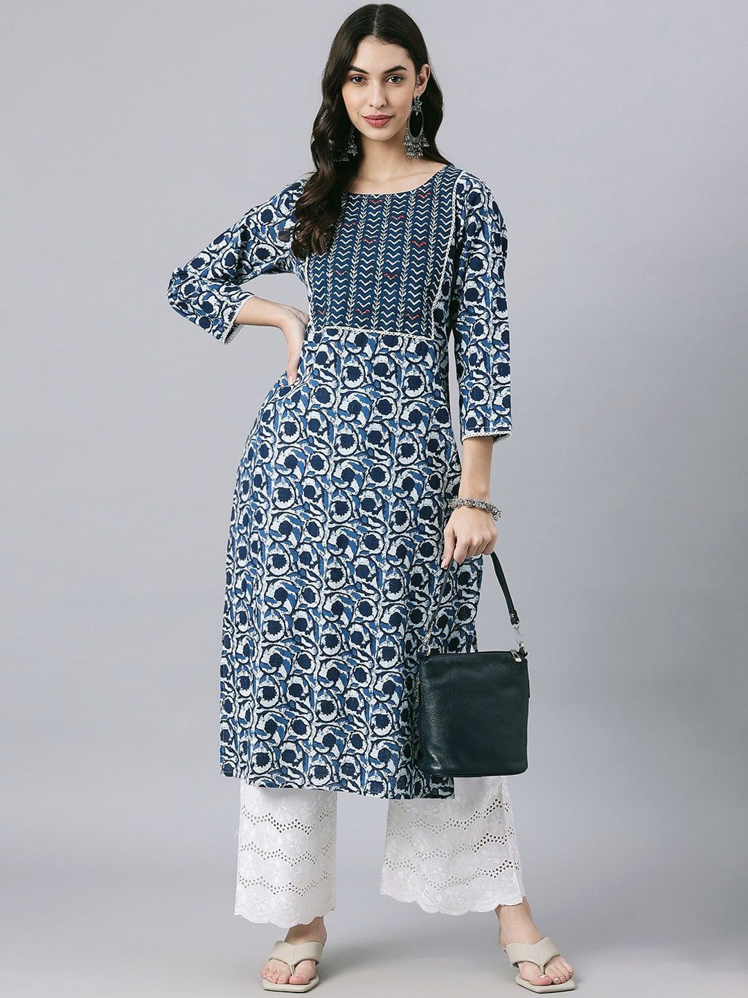 

JAI KURTIES Women Ethnic Motifs Printed Thread Work Kurta, Blue