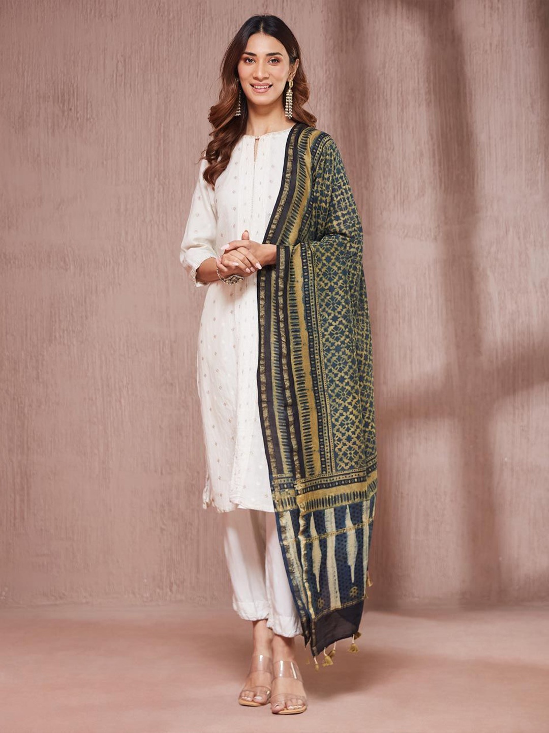 

Fabindia Ethnic Motifs Printed Cotton Silk Dupatta, Blue