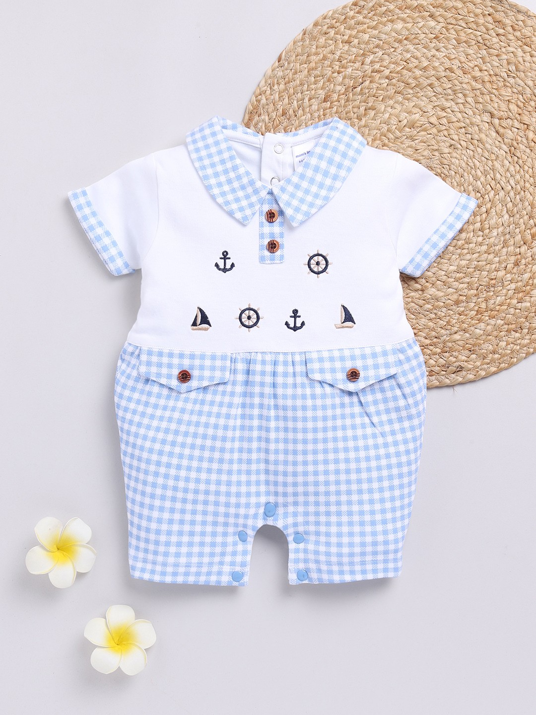 

Moms Love Infant Boys Checked Pure Cotton Party Romper, Blue