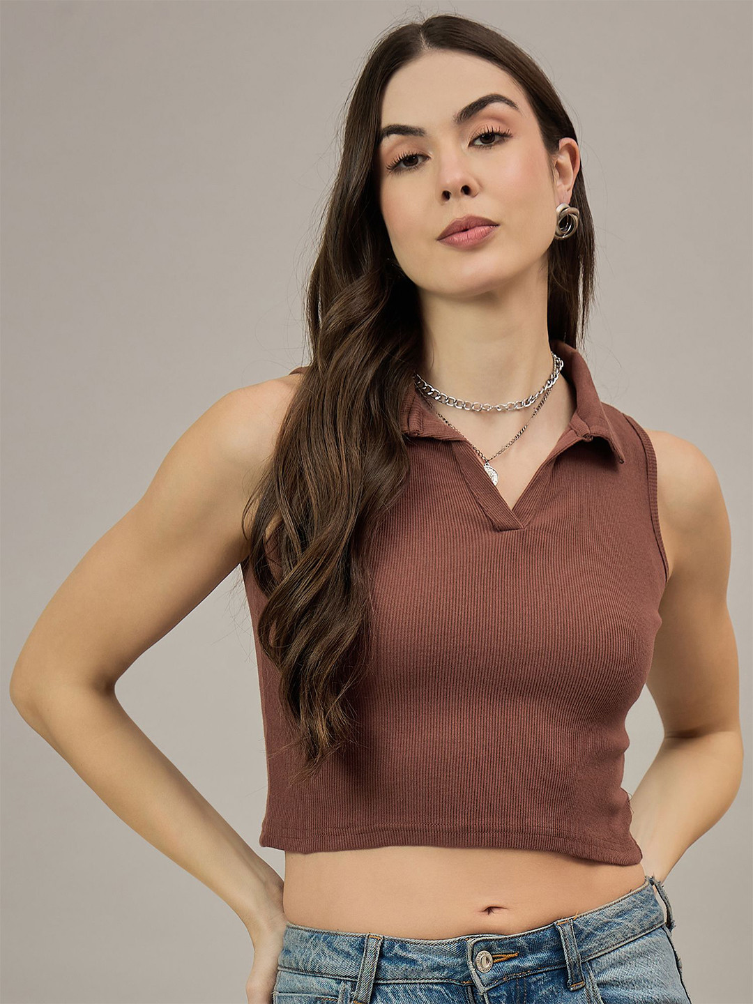 

The Roadster Lifestyle Co Women Striped Shirt Collar Sleeveless Crop Top, Brown