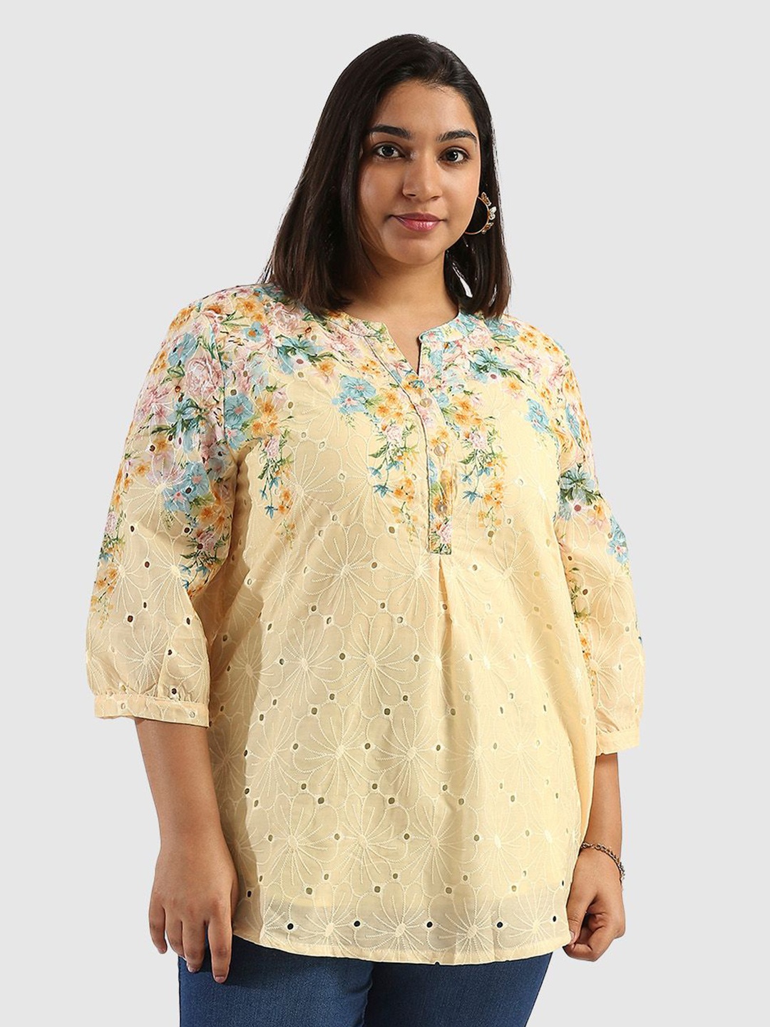 

Presence Floral Print Mandarin Collar Cotton Top, Yellow