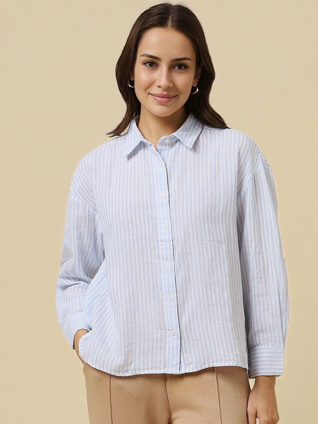 

Allen Solly Woman Women Opaque Striped Casual Shirt, Blue
