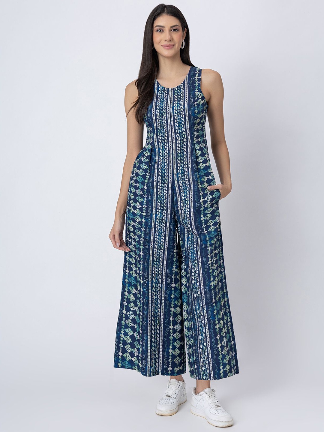 

Moomaya Linen Printed Basic Jumpsuit, Navy blue