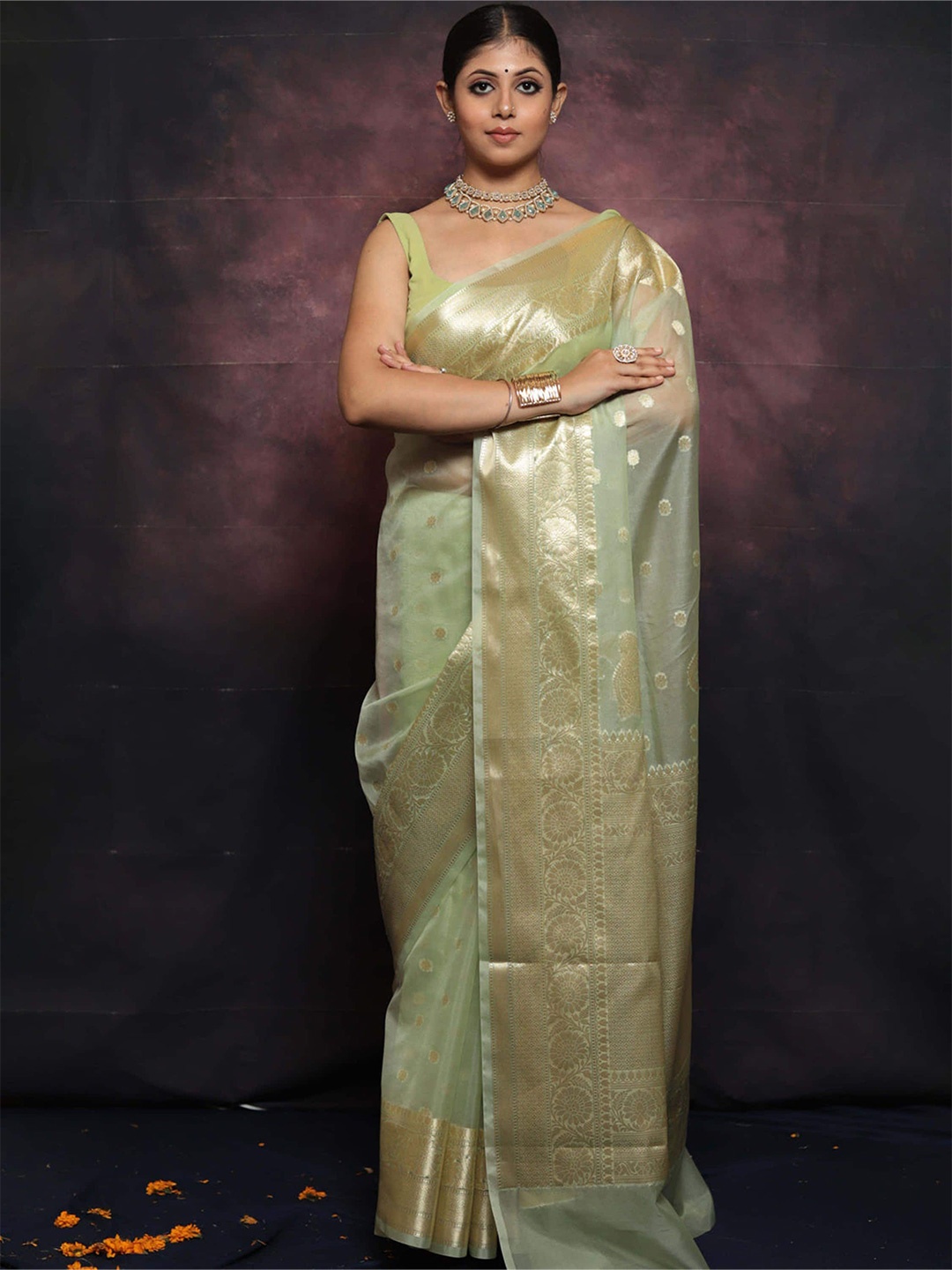 

KALINI Woven Design Zari Organza Banarasi Saree, Green