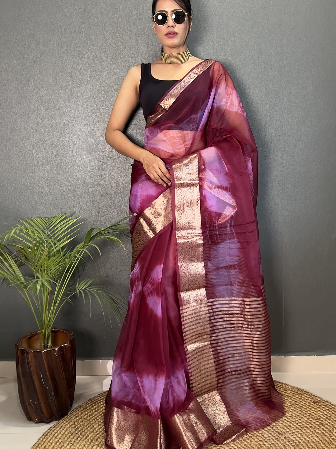 

KALINI Tie and Dye Zari Organza Leheriya Saree, Purple