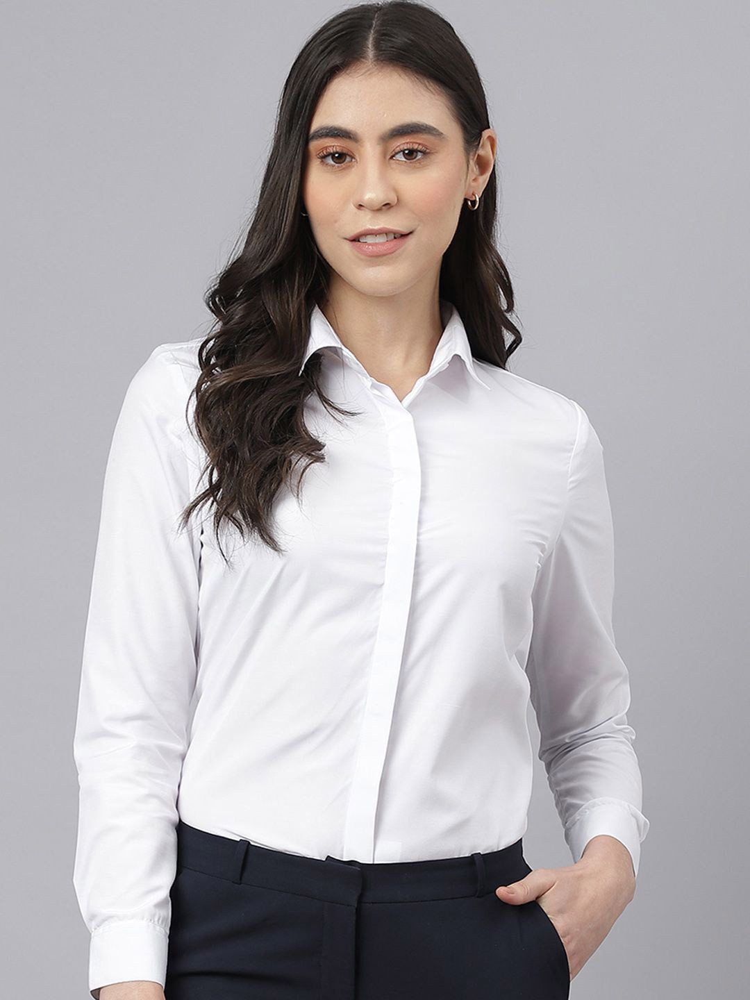 

English Navy Women Slim Fit Opaque Formal Shirt, White
