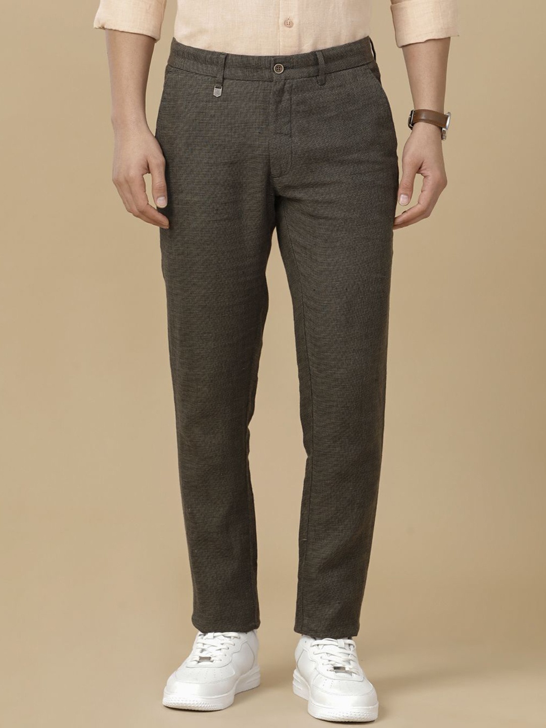 

Linen Club Men Checked Contemporary Fit Linen Trousers, Brown