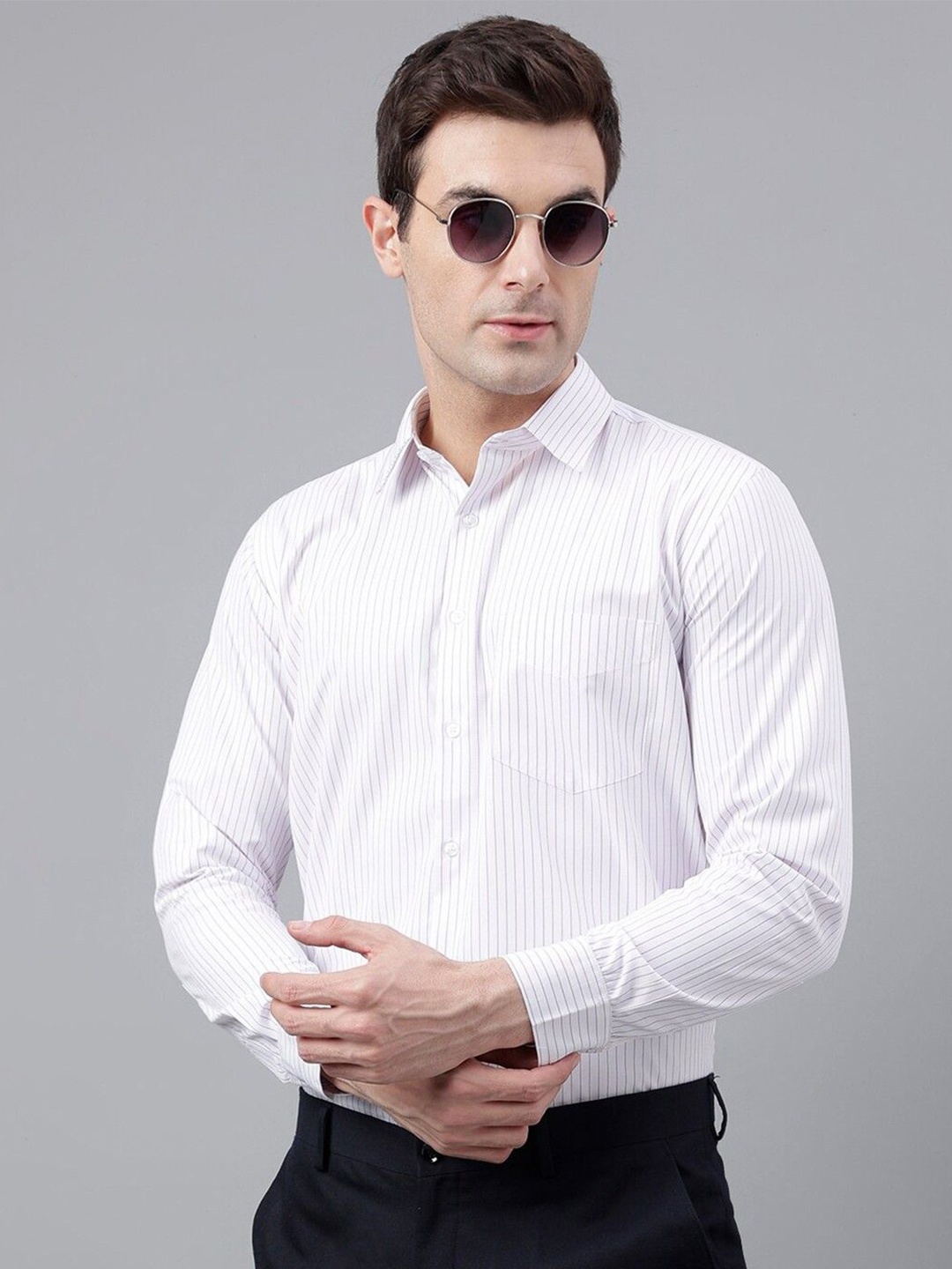 

English Navy Men Slim Fit Opaque Striped Formal Shirt, White