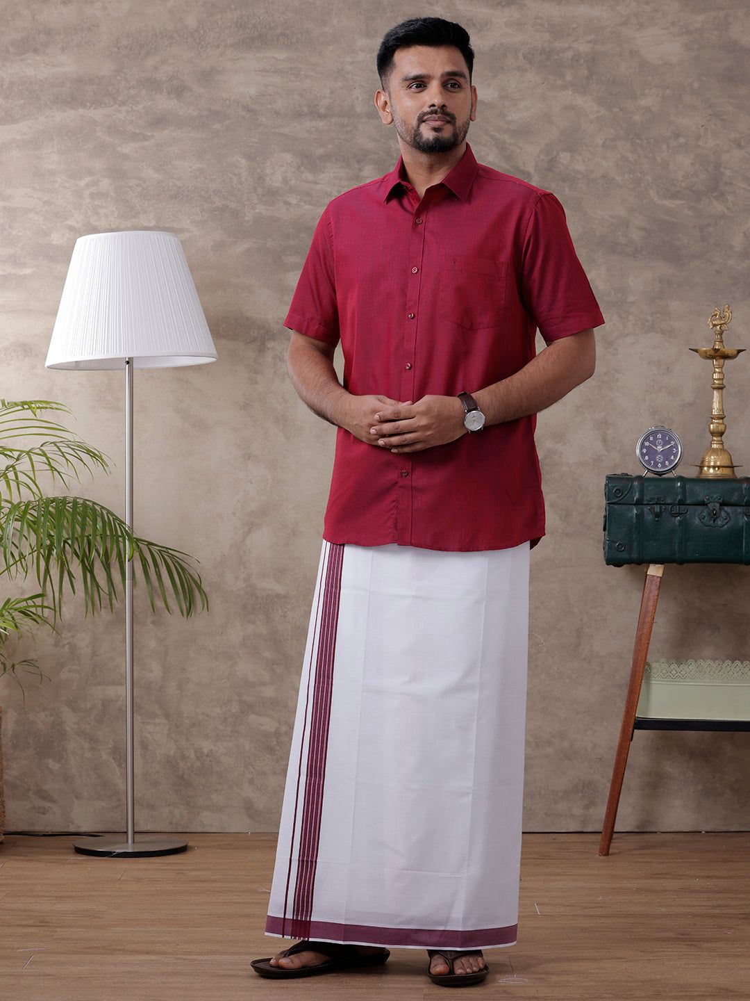 

Ramraj Men Half Sleeve Shirt Regular Collar Shirt With Matching Fancy Border Dhoti, Purple