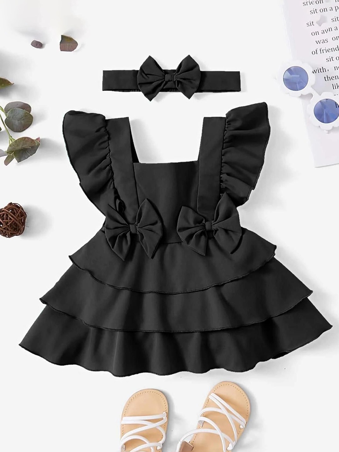 

LYTIX Infant Girls Bow Front Square Neck Crepe Flutter Sleeves Ruffle Flare Dress, Black