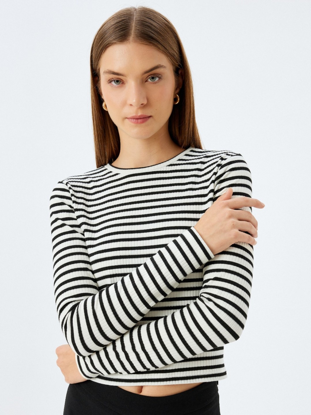 

Koton Women Striped Monochrome Pockets T-shirt, Black