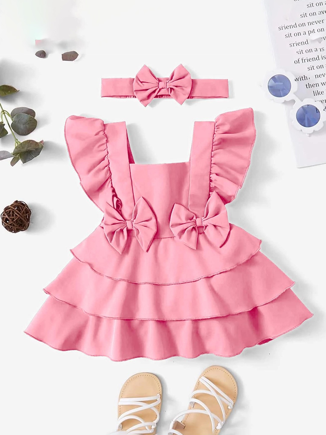 

LYTIX Infant Girls Bow Front Square Neck Crepe Flutter Sleeves Ruffle Flare Dress, Pink