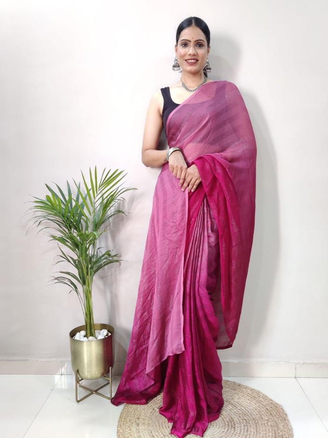 

KALINI Women Striped Ready to Wear Saree With Unstitched Blouse Piece, Pink