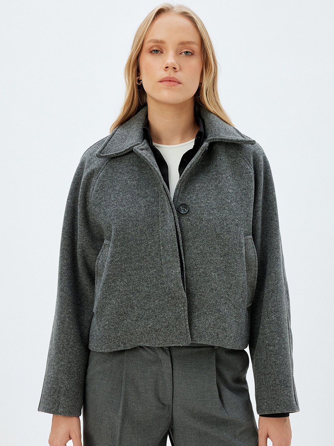 

Koton Women Geometric Longline Bomber with Patchwork Jacket, Grey