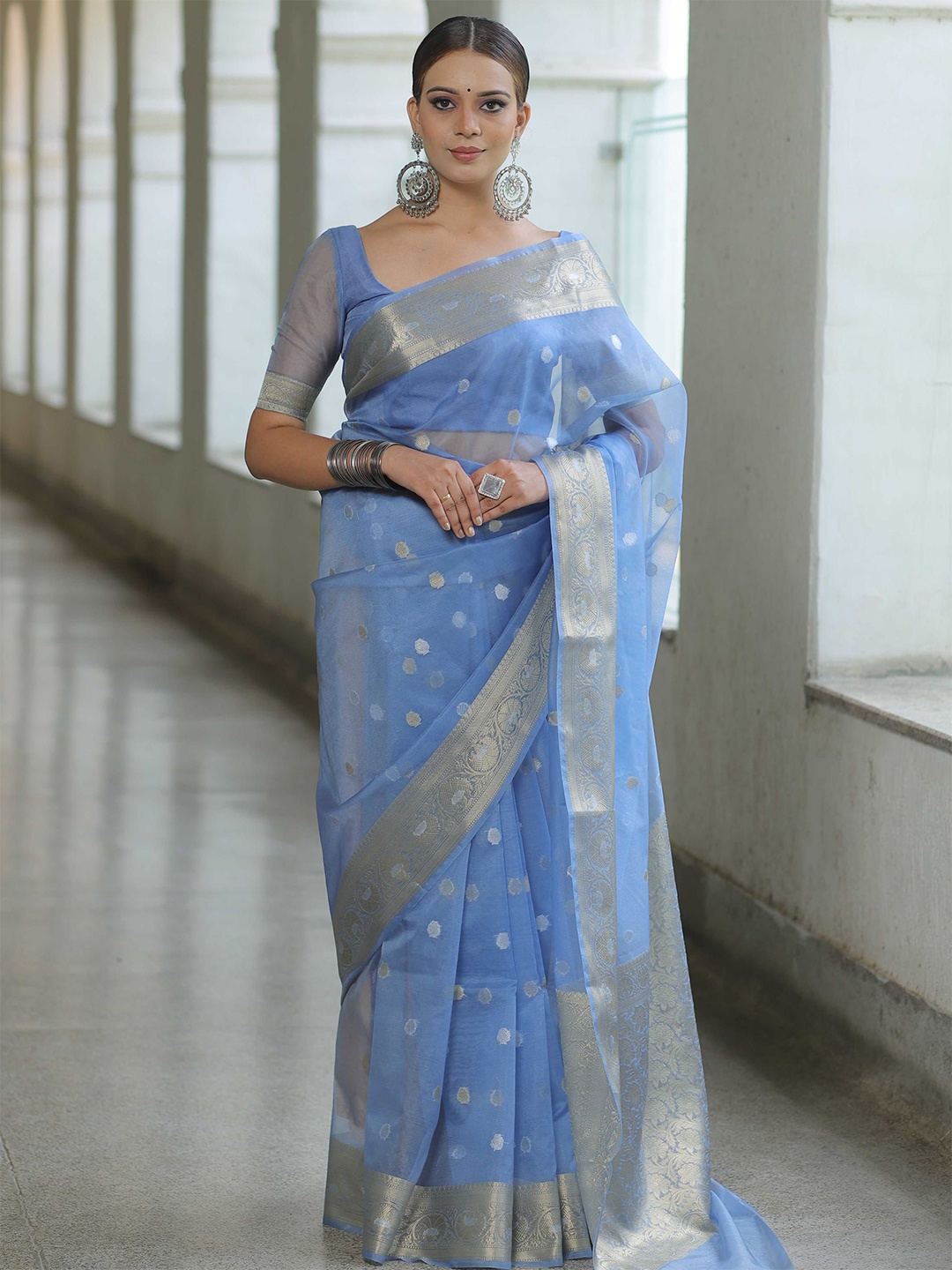 

KALINI Woven Design Zari Organza Banarasi Saree, Blue