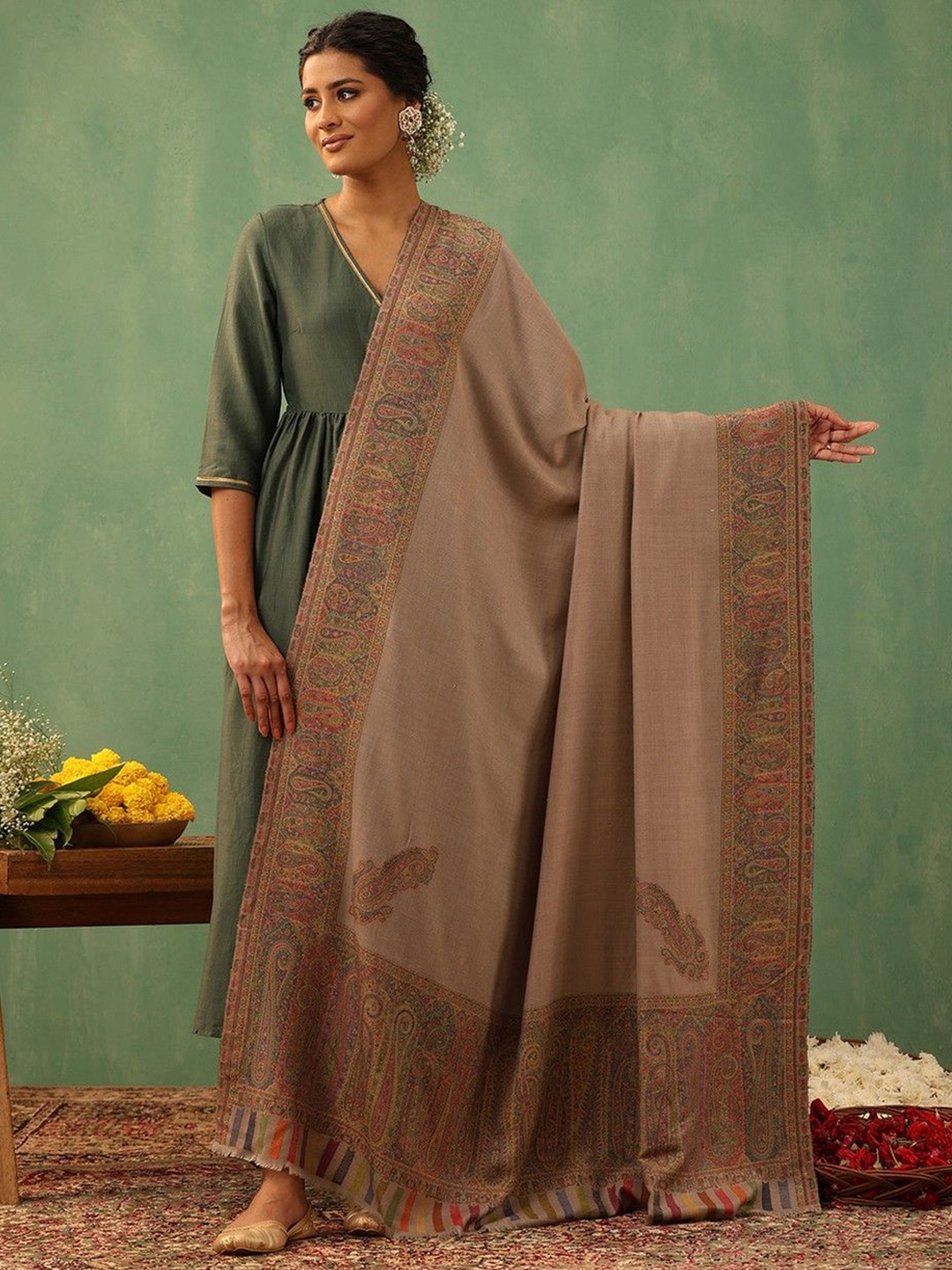 

DUSALA INDIA Women Ethnic Motifs Woven Design Shawl, Beige