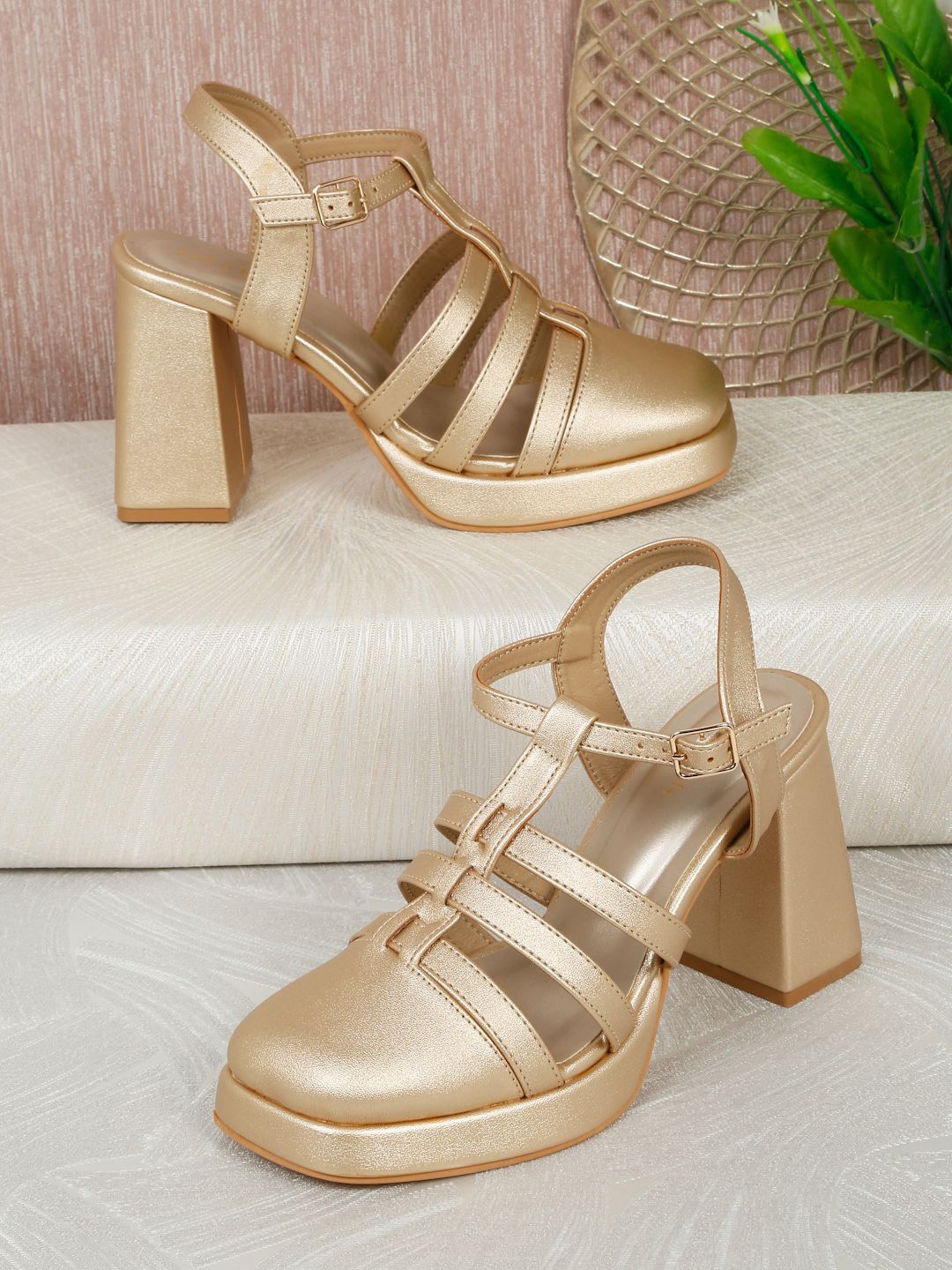 

Flat n Heels Women Square Toe Ankle Loop Block Sandals, Gold