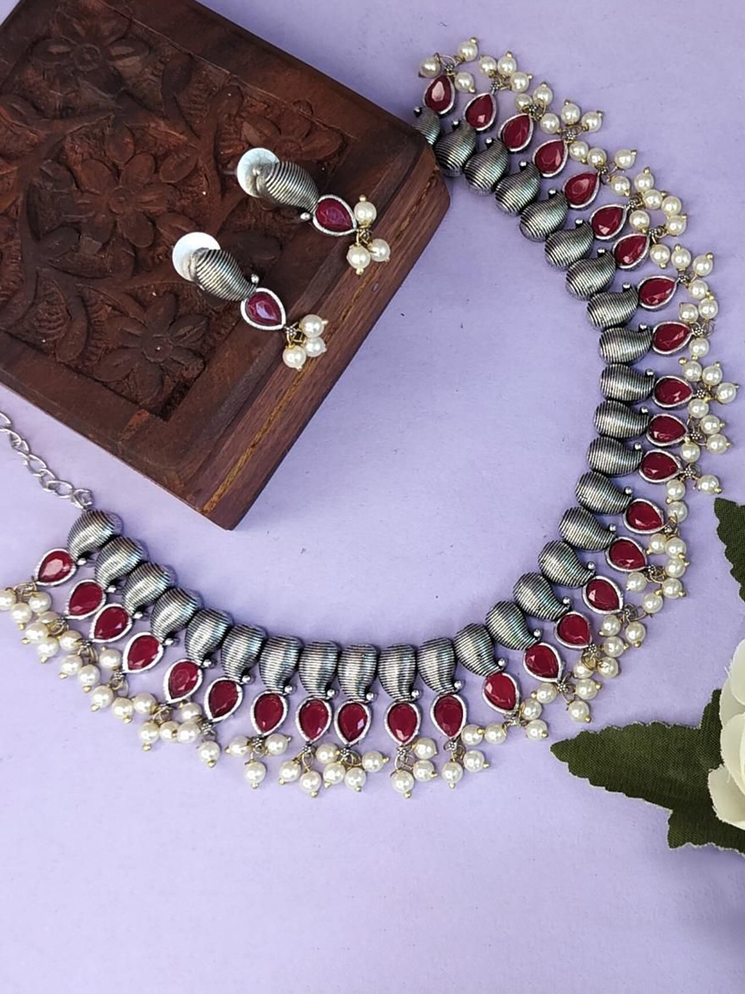 

Efulgenz Rhodium Plated Crystal Studded & Beaded Jewellery Set, Silver