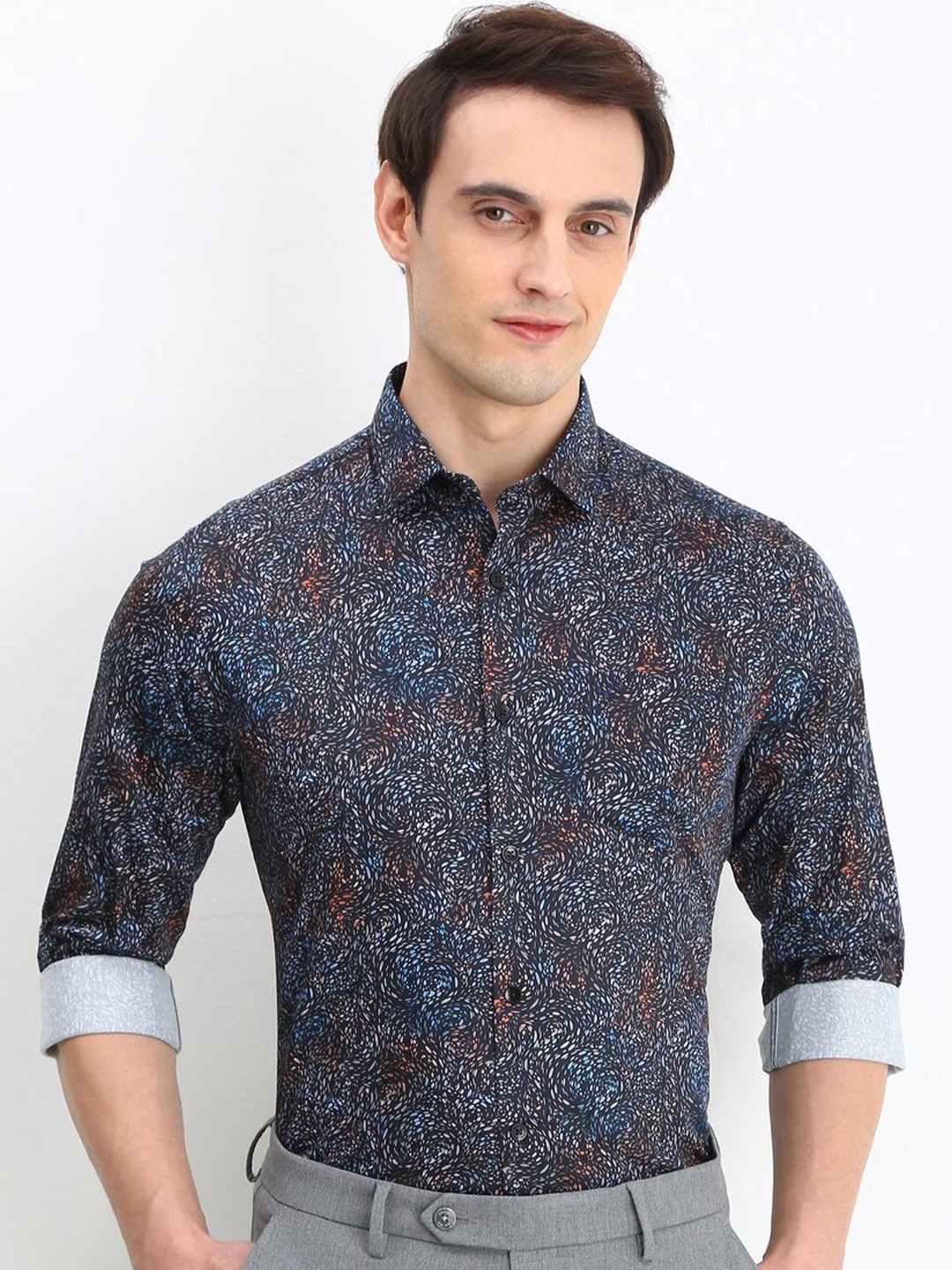 

Allen Solly Men Slim Fit Opaque Printed Formal Shirt, Navy blue