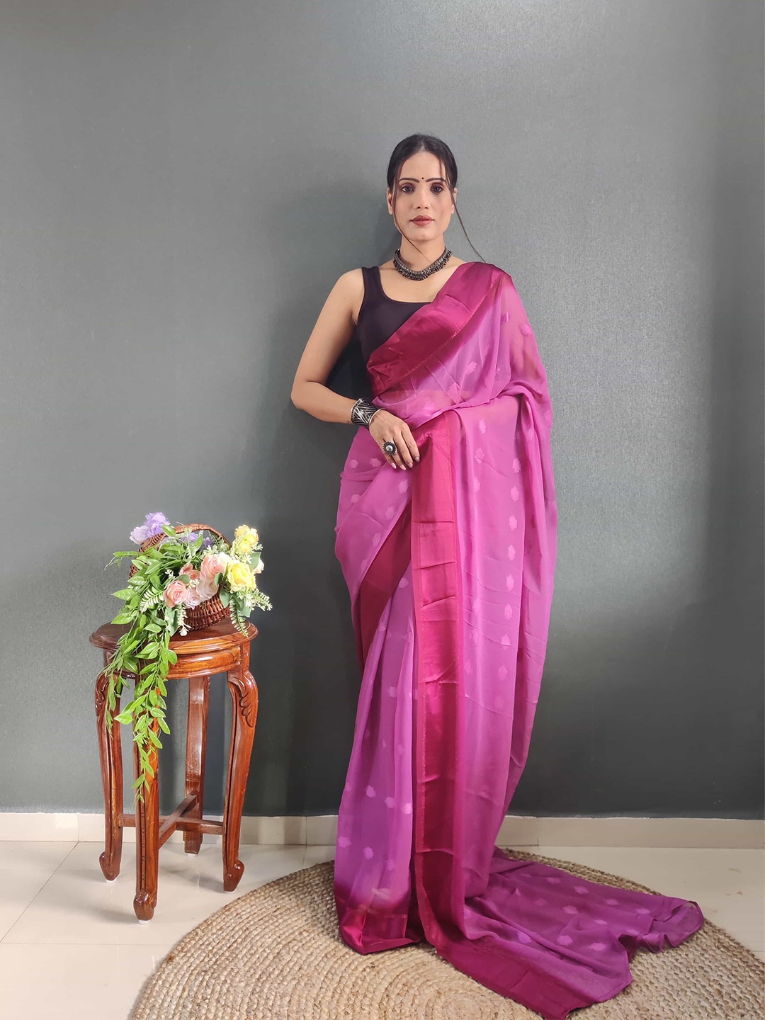 

KALINI Ethnic Motifs Woven Design Zari Satin Designer Jamdani Saree, Pink