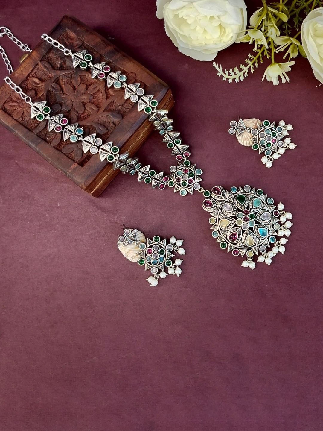 

Efulgenz Rhodium-Plated CZ Studded & Beaded Jewellery Set, Silver