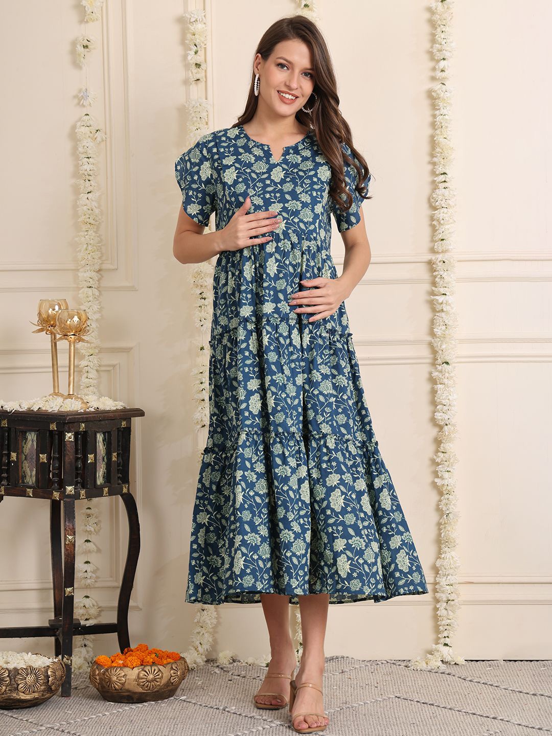 

Secret Wish Floral Print Layered Maternity Fit & Flare Midi Dress, Blue