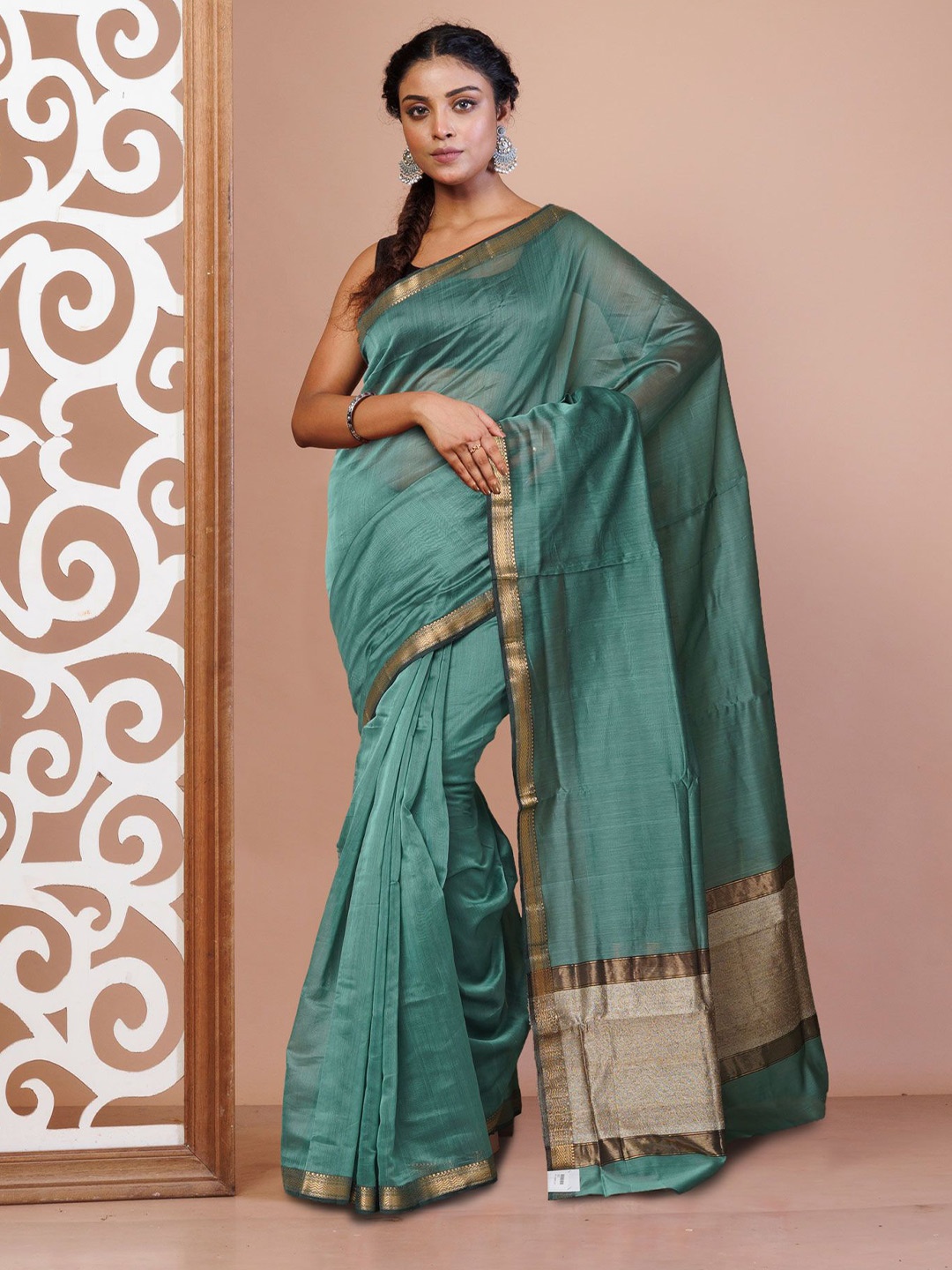 

Unnati Silks Zari Silk Cotton Handloom Maheshwari Saree, Green