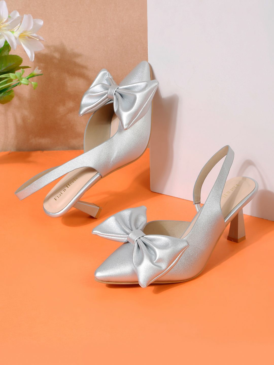 

Flat n Heels Women Pointed Toe Stiletto Pumps with Bows, Silver