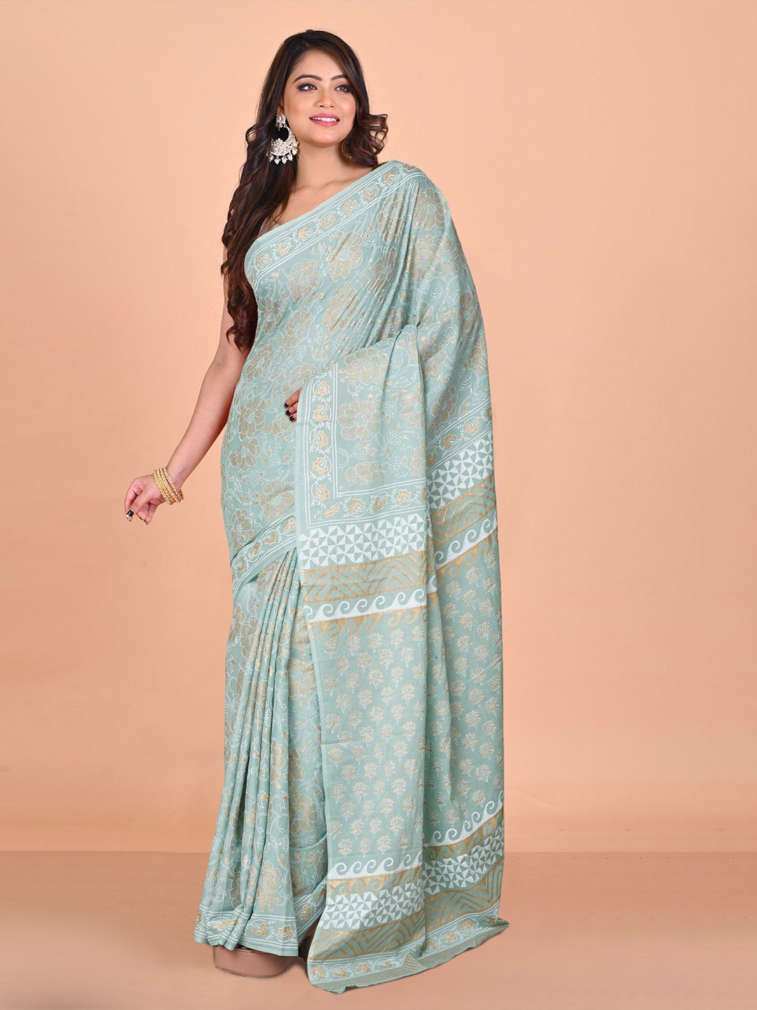 

Unnati Silks Floral Pure Cotton Handloom Block Print Saree, Green