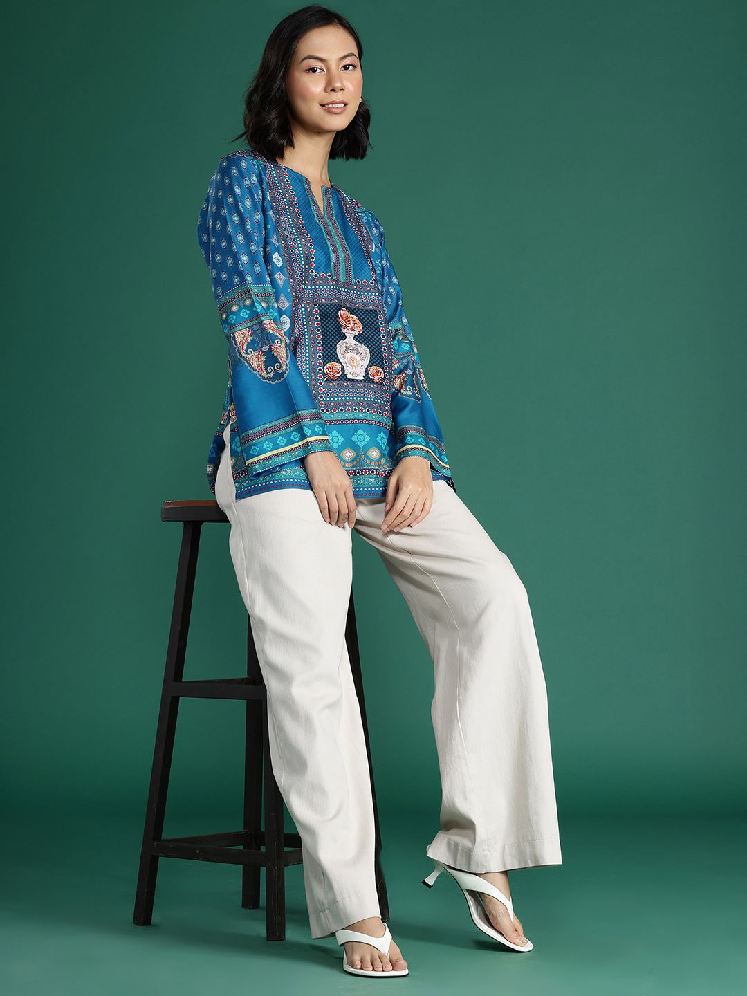 

Deewa Colourblocked Print Flared Sleeve A-Line Dress, Blue