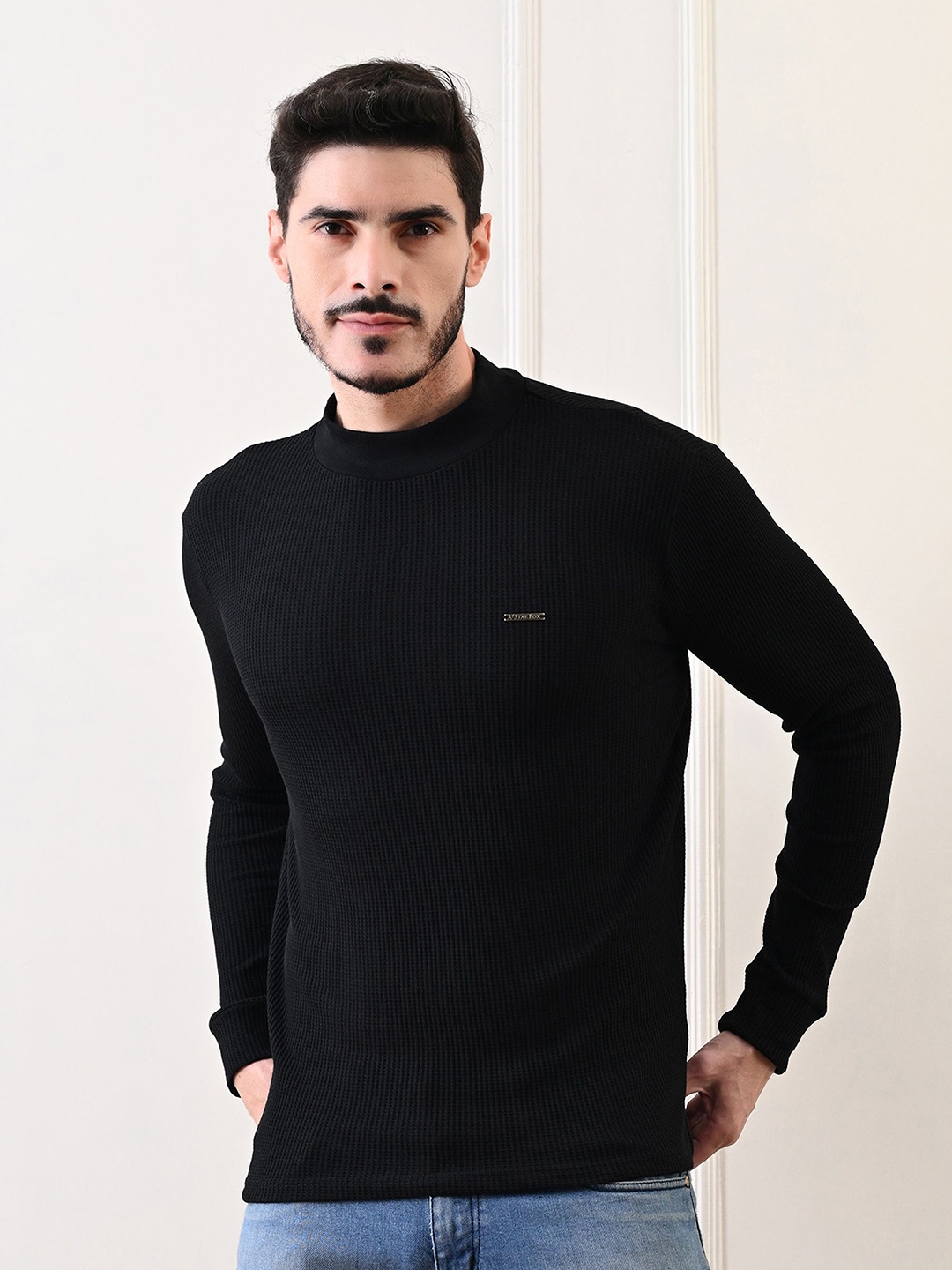 

STARFOX Mens Turtle Neck Textured Full Sleeve T-shirt, Black
