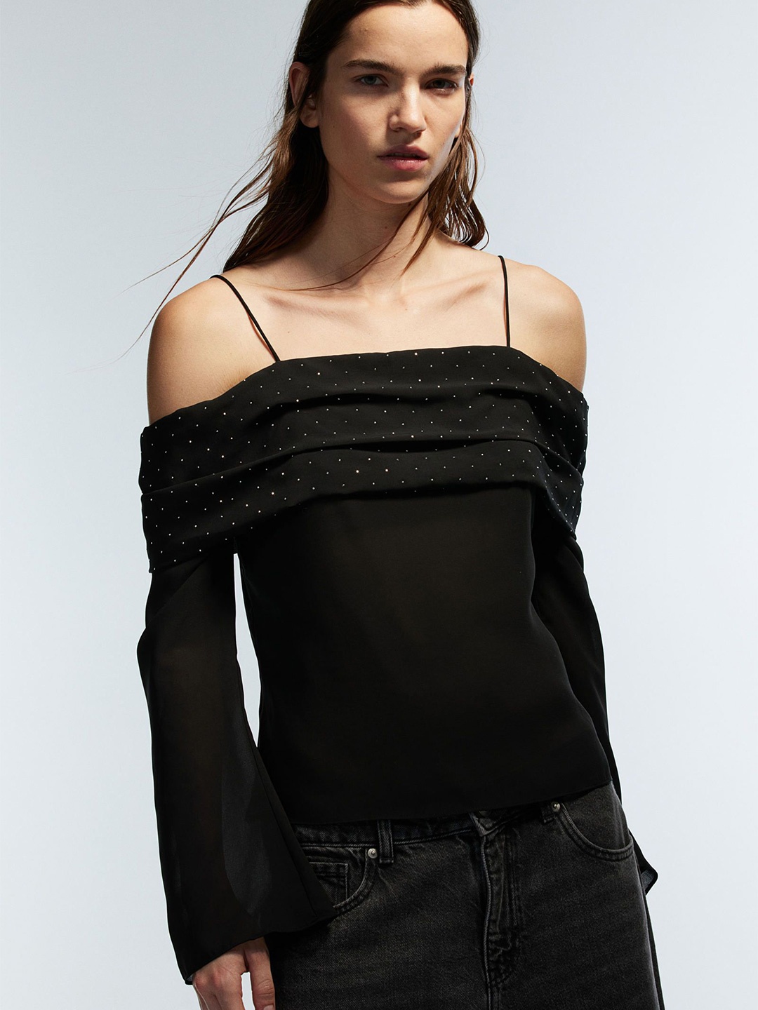 

H&M Off-The-Shoulder Chiffon Top, Black