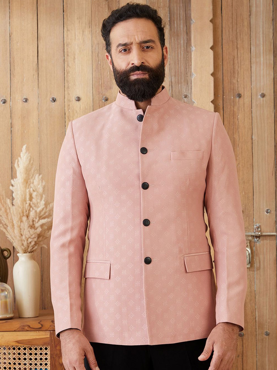 

MR BUTTON Printed Tailored Fit Bandhgala, Pink