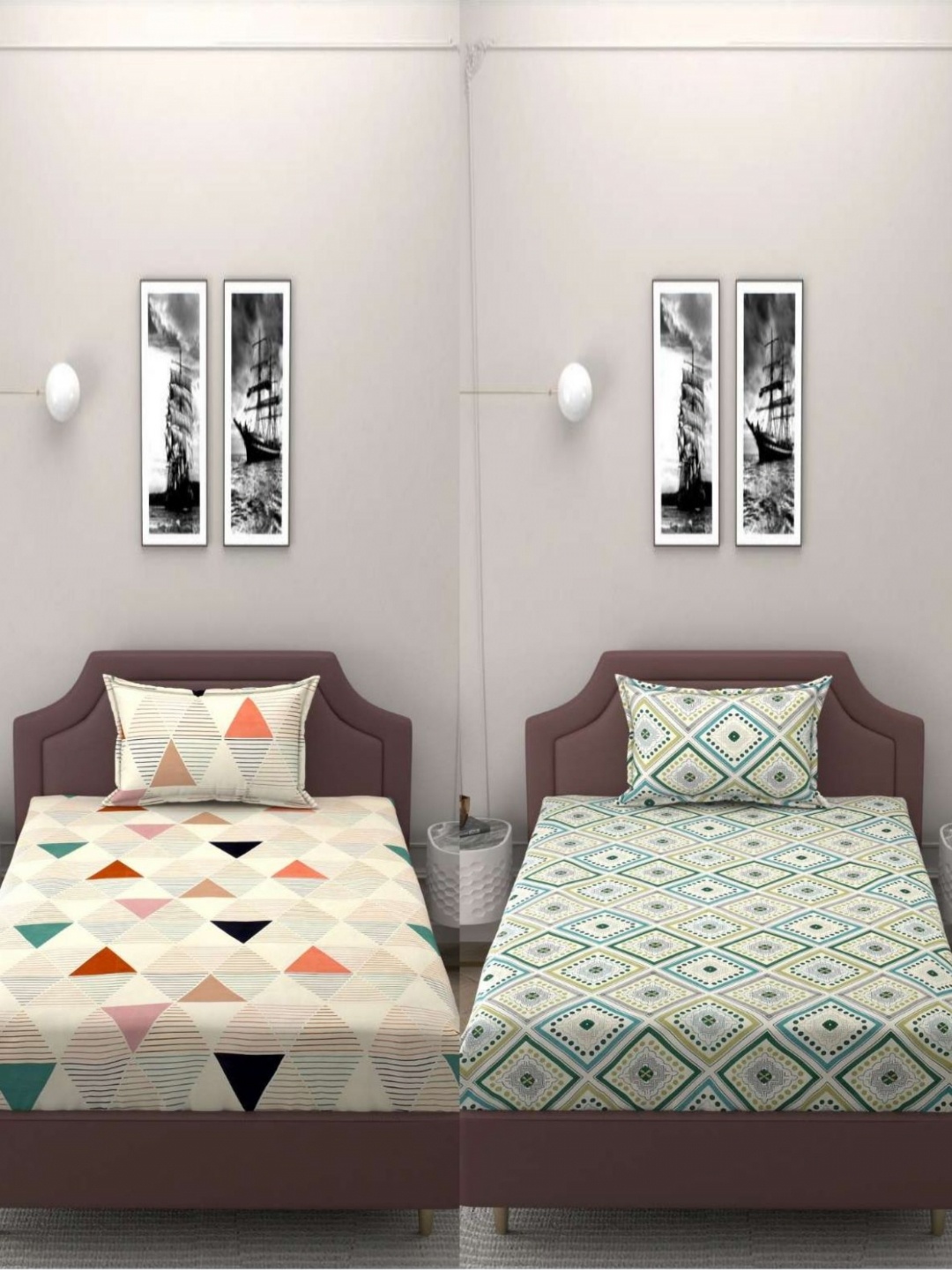 

BELVOSTUM Green & Beige Geometric 250 TC 2 Single Bedsheet with 2 Pillow Covers