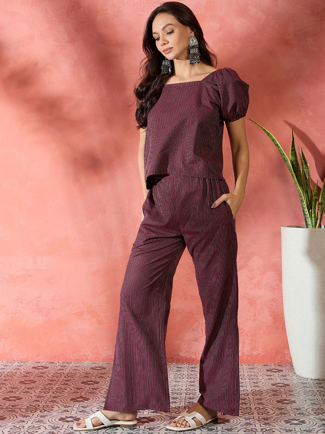 

InWeave Printed Pure Cotton Square neck Top With Trousers Co-Ords, Purple
