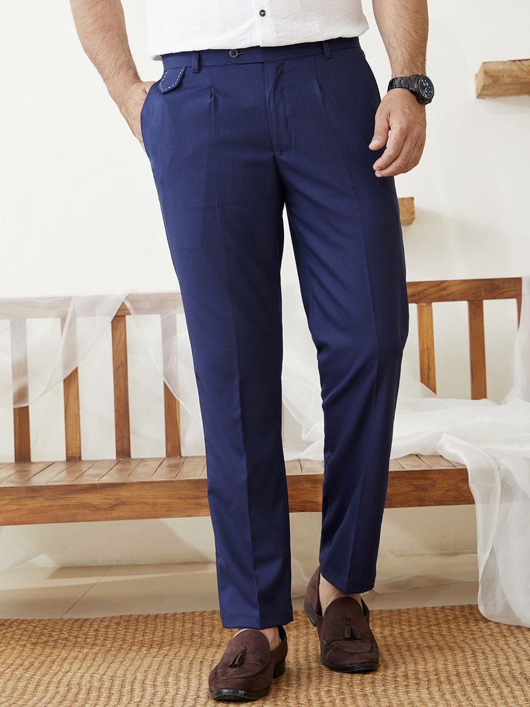 

MR BUTTON Men Tailored Pleated Trousers, Navy blue