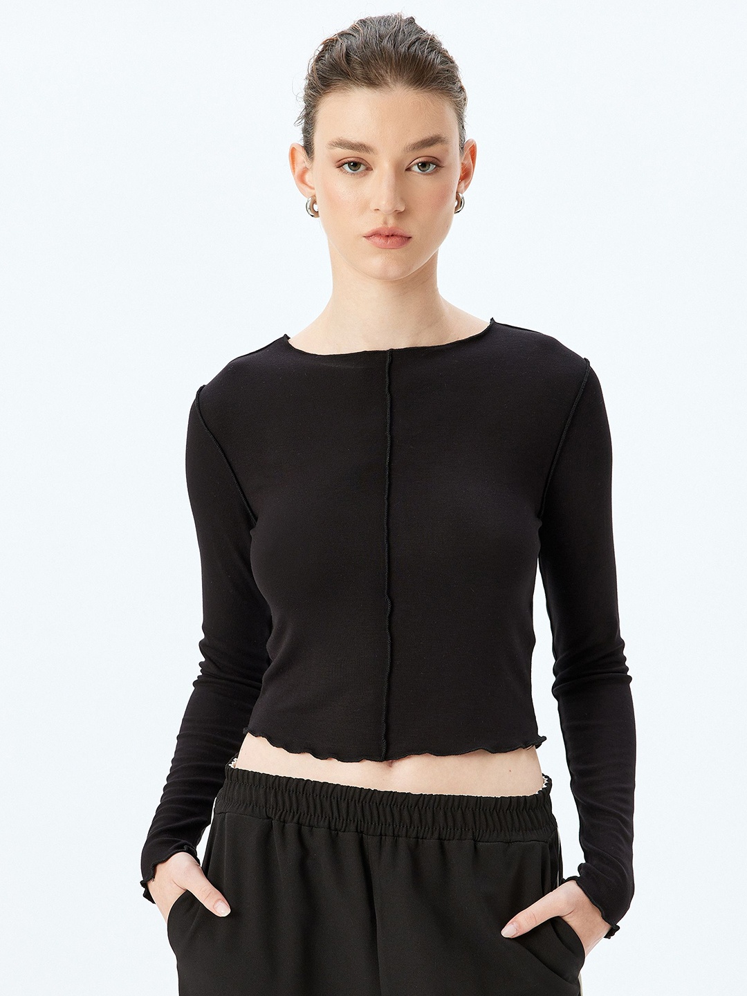 

Koton Women Mandarin Collar Raw Edge T-shirt, Black