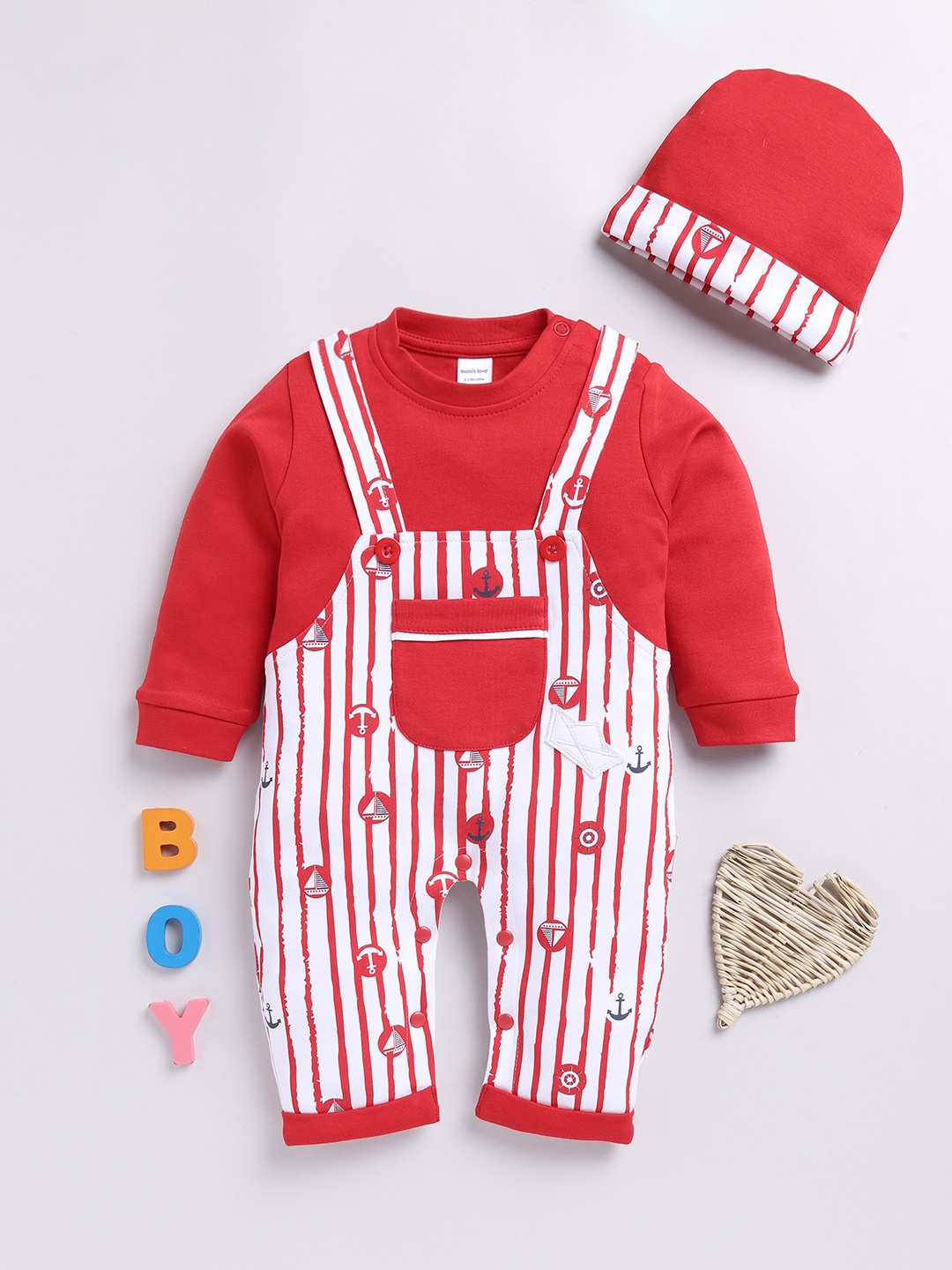 

Moms Love Infant Boys Pure Cotton Party Romper with Cap, Red